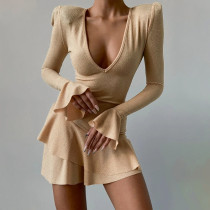 Women's fashion temperament U-neck sexy low chest flare sleeve ruffle dress