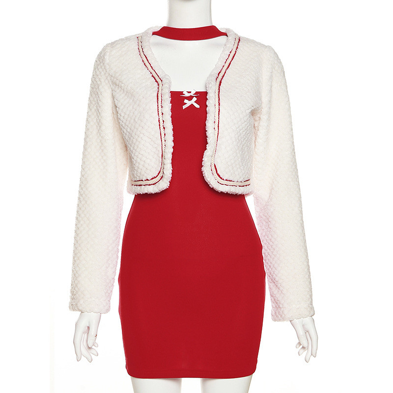 Women's solid color slim long sleeve cardigan Christmas fashion neck dress