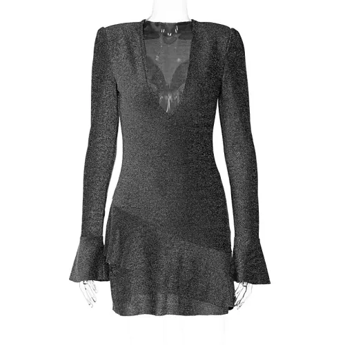 Women's fashion temperament U-neck sexy low chest flare sleeve ruffle dress
