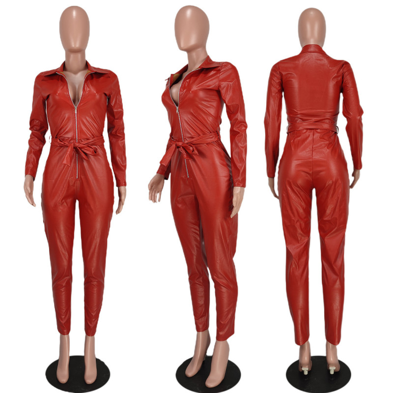Solid winter PU leather long sleeve jumpsuit