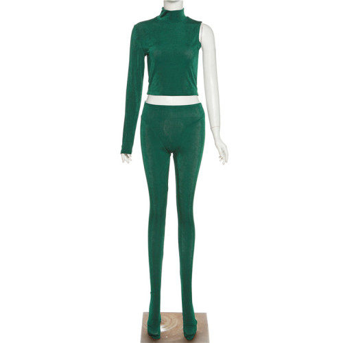Women's one sleeve high collar plush slim sports casual suit