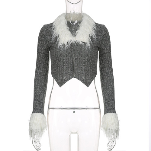Fashionable fur stitching open navel zipper long sleeved T-shirt top