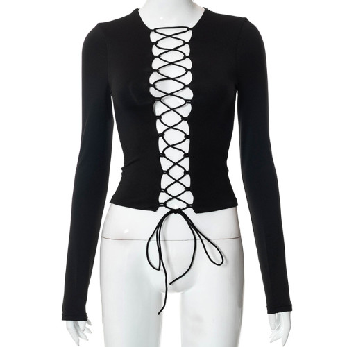 Solid hollow strap short T-shirt long sleeve top