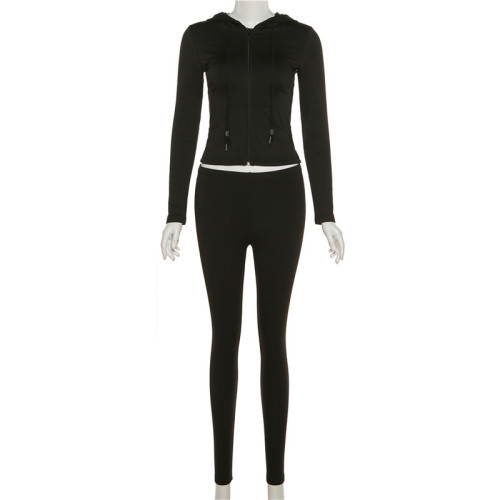 Hooded Slim Slim Solid Top High Waist Tight Pants Set