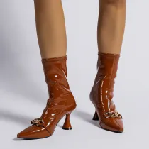 Slender Heel Pointed Metal Buckle Short Boots Large High Heel Sleeve Middle Sleeve Fashion Boots