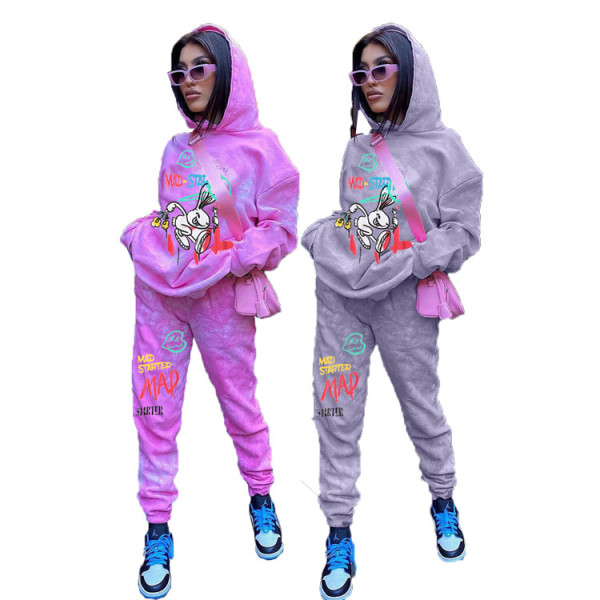 Women's loose hooded sweater two-piece set with location printing