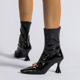 Slender Heel Pointed Metal Buckle Short Boots Large High Heel Sleeve Middle Sleeve Fashion Boots
