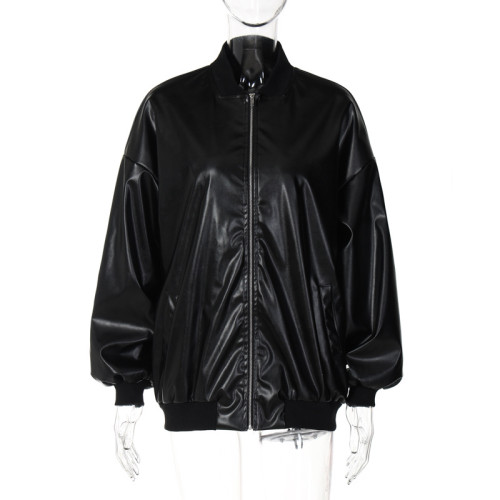 Fashion casual imitation leather cardigan zipper loose long sleeve coat