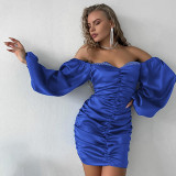 Fashionable sexy one shoulder open back fold hip wrap long sleeve dress