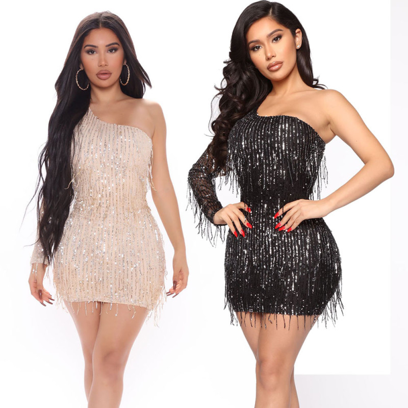 Fashionable sexy long sleeve one shoulder sequin fringed hip wrap dress