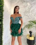 Sequins Feather Mini Dress Women Off Shoulder Sexy Shiny Luxury Prom Dress