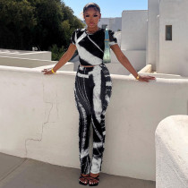Women's fashion round neck printed T-shirt slim low waist pants suit