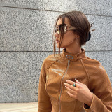 Women's standing collar long sleeve temporary hem metal zipper short leather coat