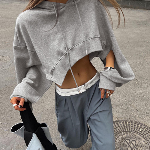 Women's fashion long sleeved short open navel loose casual hoodie