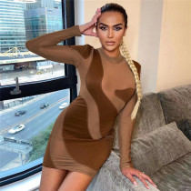 Women's fashion round neck long sleeve sexy perspective slim bag hip dress