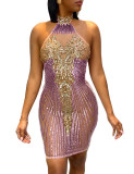 Women's sexy backless dress sequins tight skirt