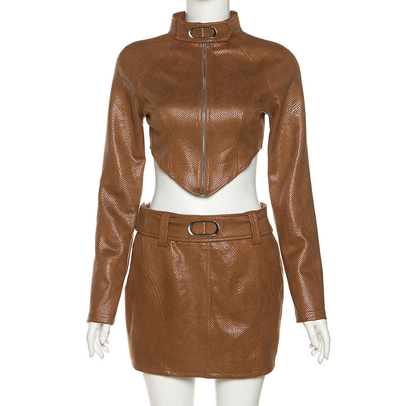 Women's standing collar long sleeve temporary hem metal zipper short leather coat