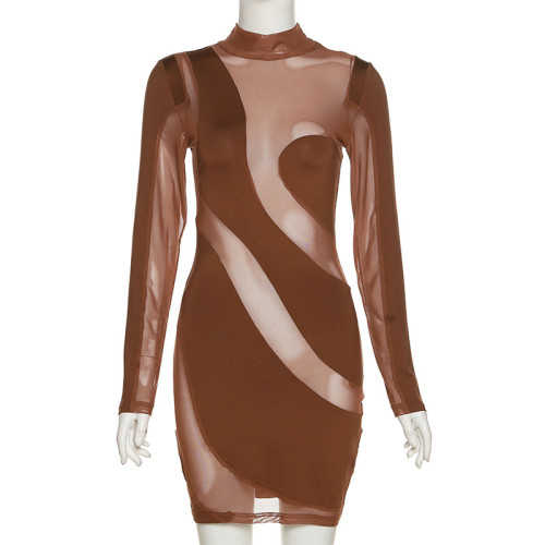 Women's fashion round neck long sleeve sexy perspective slim bag hip dress