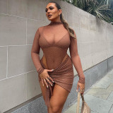 Women's fashion long sleeved sexy perspective one-piece dress slim skirt suit
