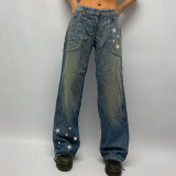 Big Pocket Star Print Small Popular Design Low rise Straight Jeans Street Spice Girl Slim Versatile Casual Pants