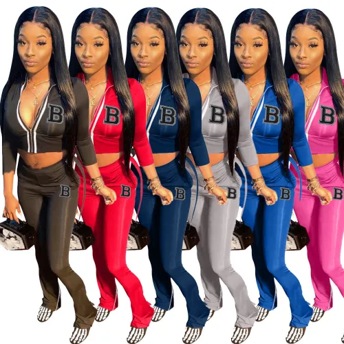 Women's zipper split color contrast sports casual suit