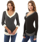 Sexy V-Neck Comfortable Long Sleeve Featured Color Contrast T-Shirt