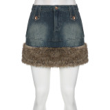 Brown hair strip splicing high waist skirt with waist closing and hip lifting denim skirt