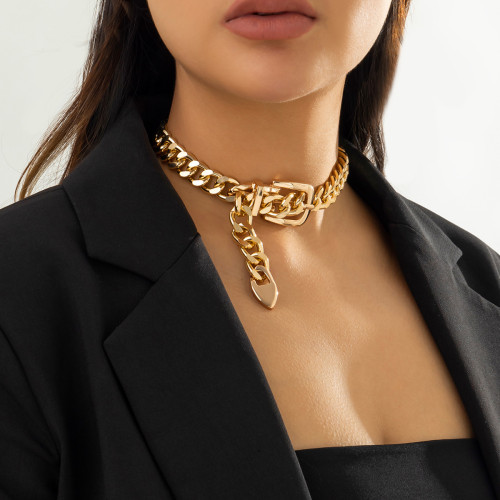 Heavy Chain Belt Buckle Collar Necklace Female Hip Hop Heavy Industry Metal Geometric Necklace