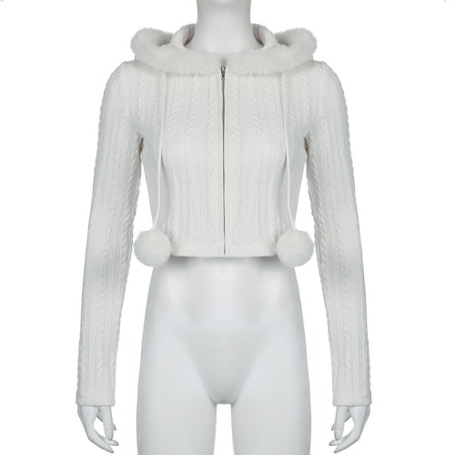 Casual basic simple fried dough twist texture short cardigan autumn and winter new wool splicing zipper hoodie