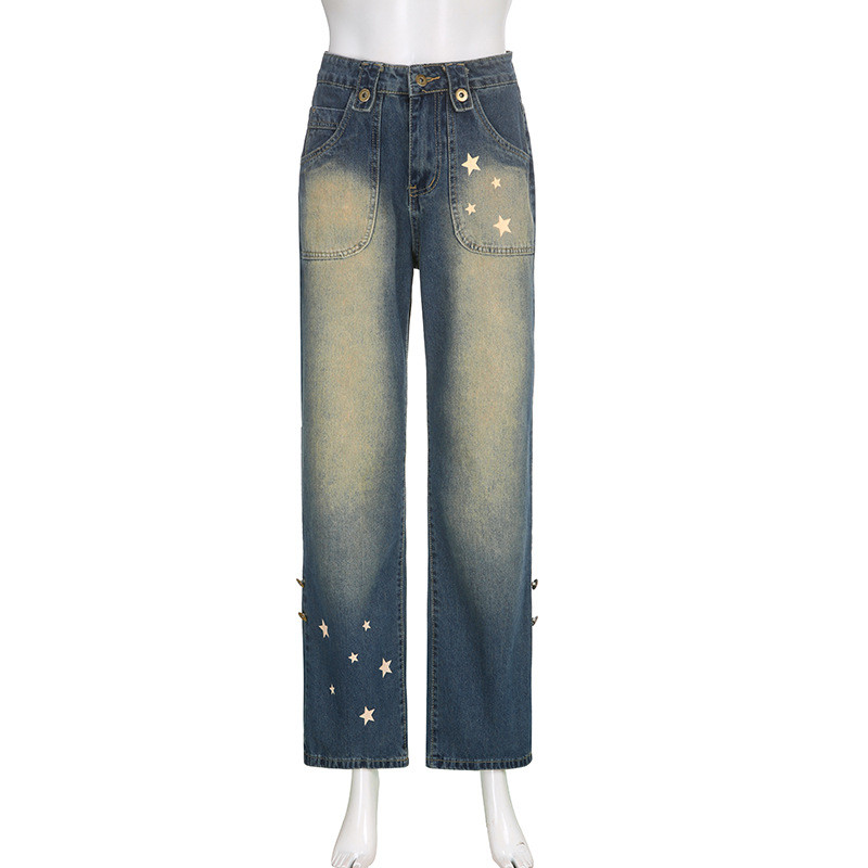 Big Pocket Star Print Small Popular Design Low rise Straight Jeans Street Spice Girl Slim Versatile Casual Pants