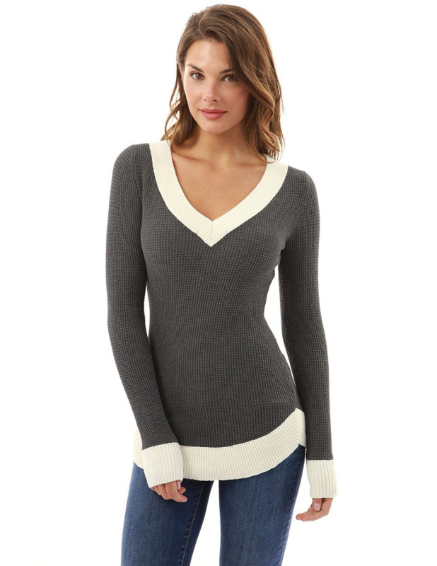 Sexy V-Neck Comfortable Long Sleeve Featured Color Contrast T-Shirt