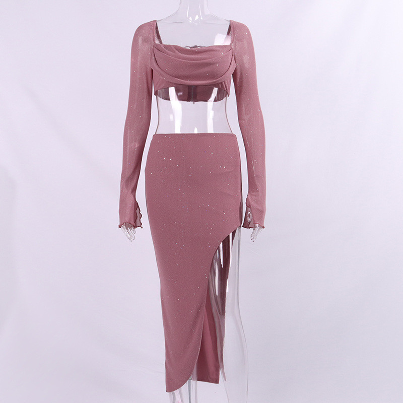 Fashion sequin two-piece high slit suit skirt