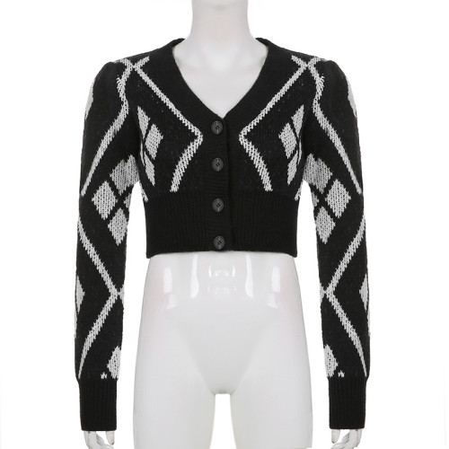 Rhombic color contrast breasted short sweater V-neck slim cardigan