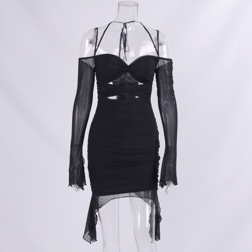 Pleated Hollow Slim Neck Wrap Hip Dress