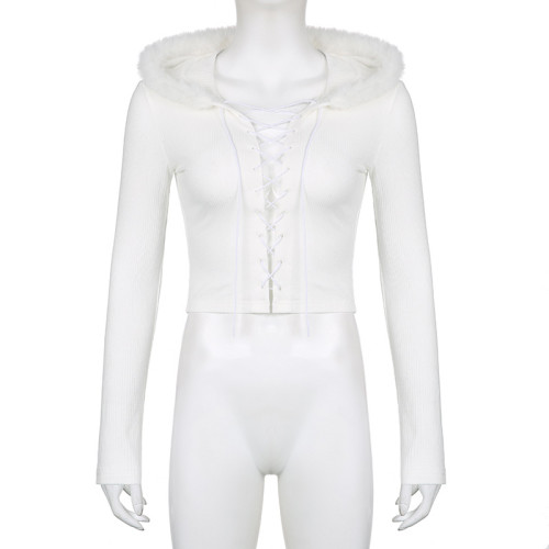 Pure white plush patchwork hooded slim top sexy cardigan lace up knit t-shirt