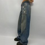 Big Pocket Star Print Small Popular Design Low rise Straight Jeans Street Spice Girl Slim Versatile Casual Pants