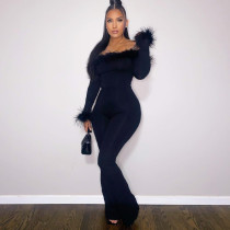 Solid Sexy Plush Splice Off Shoulder Slim Bodysuit