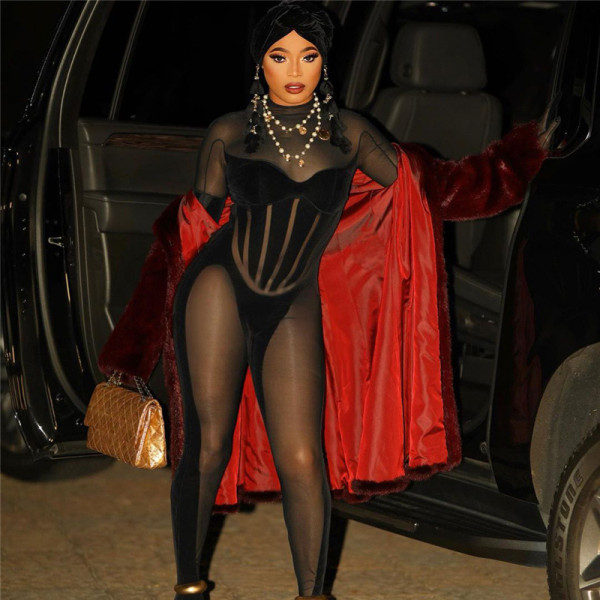 Sexy Spicy Girl Style Mesh Perspective Splice Bodysuit
