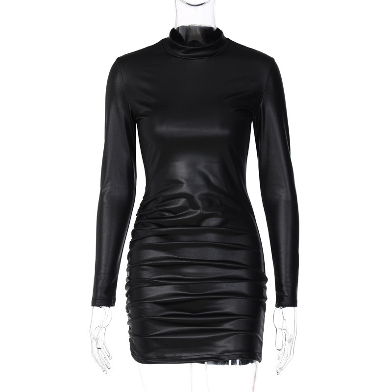 Fashion solid color imitation leather pleated slim round neck long sleeve dress