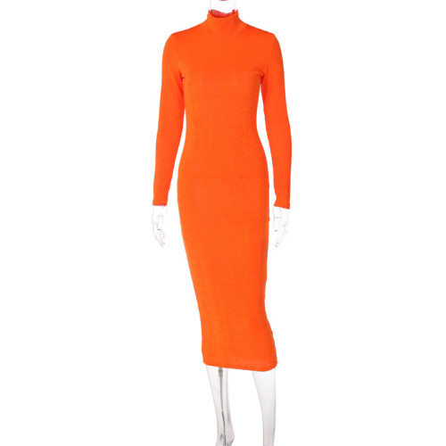Fashion temperament solid color slim fitting high collar long sleeve dress