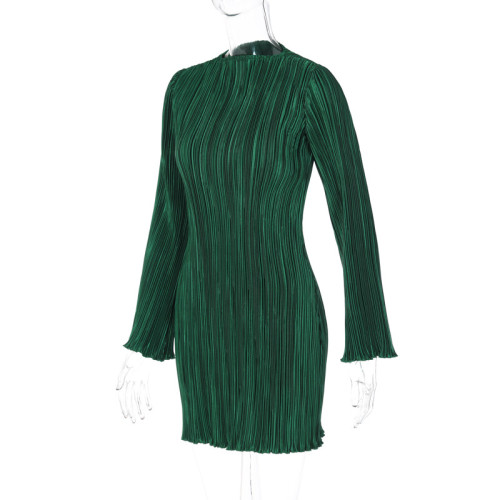 Personality stripe slim round neck long sleeve hip wrap dress