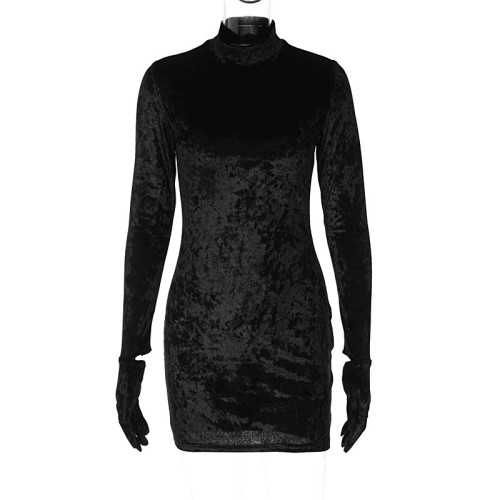 Fashion slim fitting high collar long sleeve finger sleeve dress