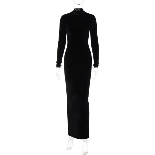 Fashion solid color slim back zipper high neck long sleeve dress