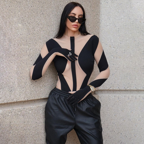 Fashionable sexy mesh perspective splicing long sleeved finger suit jumpsuit