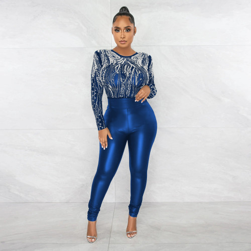 Fashion sexy casual slim high neck perspective hot drilling jumpsuit