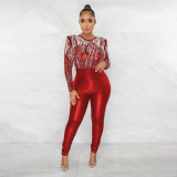 Fashion sexy casual slim high neck perspective hot drilling jumpsuit