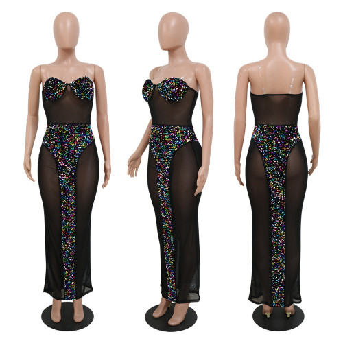 Sexy strapless perspective beaded dress