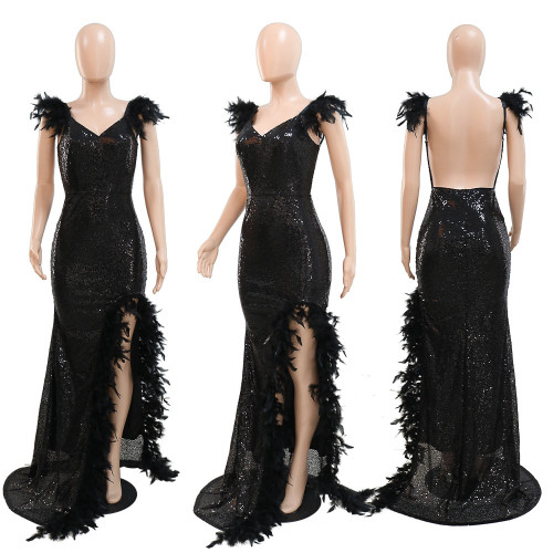 Sexy Feather Strap High Split Sequins Backless Dress V-Neck Party Club Style
