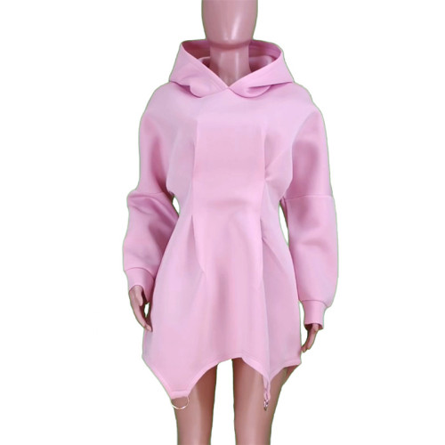 Women's fashion solid casual loose long sleeved hooded dress