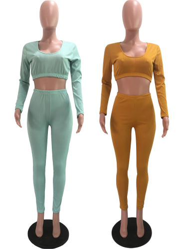 Pit strip low neck solid color long sleeve sexy two-piece set